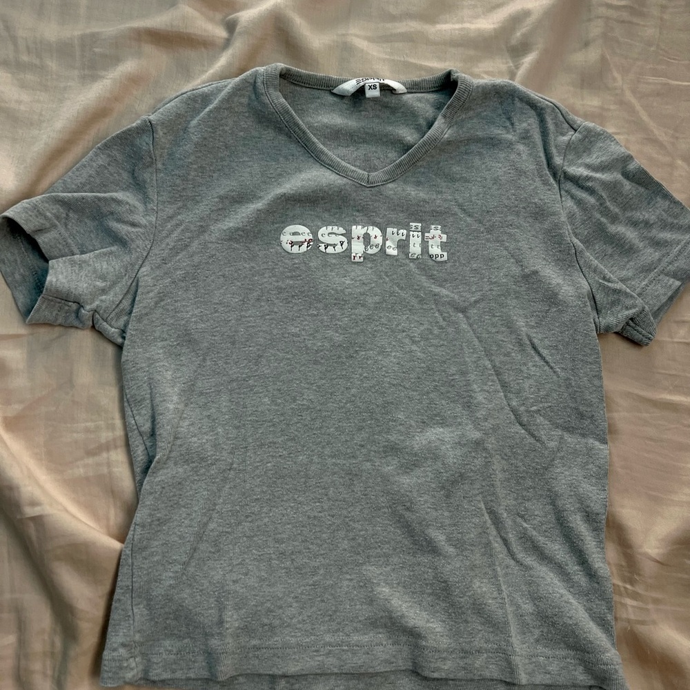 Esprit Gray V-Neck Logo Tee with White Graphic